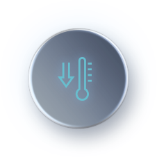 A glowing light blue thermometer icon with a downward arrow is centered within a dark blue circular frame with a soft metallic border indicating GPU temperature reduction