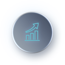 A glowing light blue icon featuring three vertical bars of increasing height with an upward pointing arrow above them is centered within a dark blue circular frame representing growth in compute efficiency