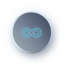 A glowing light blue infinity symbol is centered within a dark blue circular frame with a soft metallic border representing continuous stable performance and zero thermal throttling even at 43°C (110°F) ambient temperature