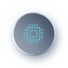 A glowing light blue square microchip icon with circuit lines extending from its sides is centered within a dark blue circular frame representing advanced GPU architecture and processing power